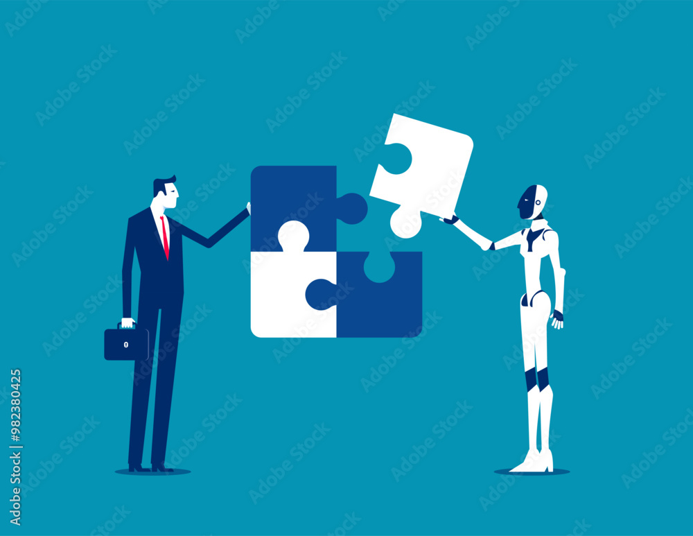 Robot. Businessman build a jigsaw puzzle together with a robot, Artificial intelligence supports business success Robot. Businessman build a jigsaw puzzle together with a robot, Artificial intelligence supports business success