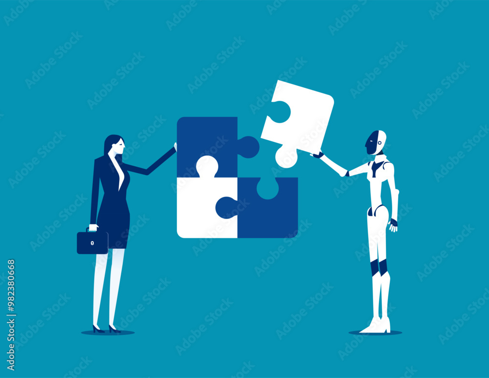 Robot. Businessman build a jigsaw puzzle together with a robot, Artificial intelligence supports business success Robot. Businessman build a jigsaw puzzle together with a robot, Artificial intelligence supports business success