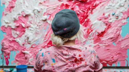 An artist dressed in a paint-splattered shirt and cap, seated in front of an abstract textured canvas with pinks and whites, deeply immersed in creating joyful, vibrant artwork. photo