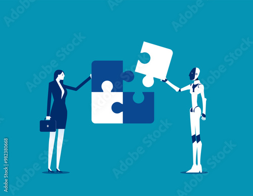 Robot. Businessman build a jigsaw puzzle together with a robot, Artificial intelligence supports business success