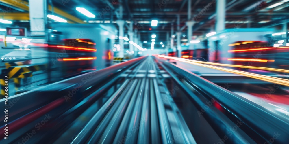 Side view of a conveyor system in a factory, with motion blur and vibrant lighting Side view of a conveyor system in a factory, with motion blur and vibrant lighting