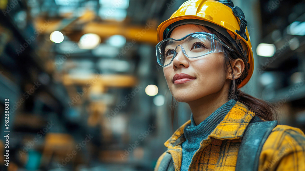Young woman engineer smiles as she stands in a bustling factory Young woman engineer smiles as she stands in a bustling factory