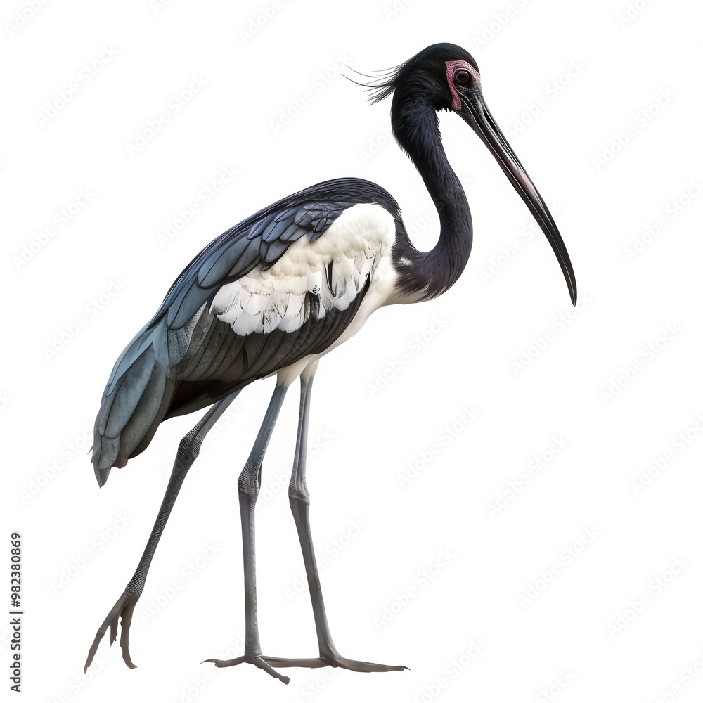 Obraz premium Black-necked stork standing on a transparent background, showcasing its distinctive features and elegant posture in a high-resolution, isolated side view