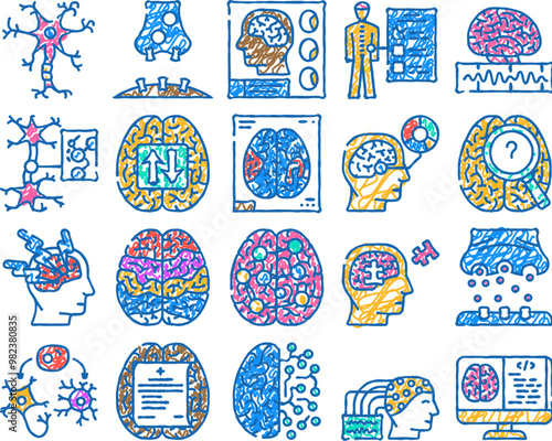 neuroscience brain doctor medical doodle icons set vector. sketch line art research computer, technology science, neurosurgery sleep, health neurology, neuroscience brain doctor color illustrations