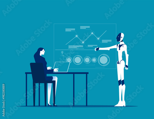 Robot. Businessman talking to robot and learning predict about business marketing, Artificial intelligence supports business success