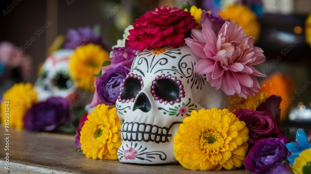 Mexican skull with beautiful flowers Mexican skull with beautiful flowers