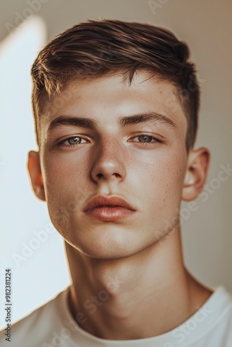 Pensive Young Man in Casual Attire Against Neutral Background