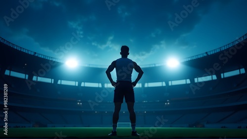 These photos show the silhouette of an athlete under stadium lights at night, symbolizing strength, focus, and anticipation before a big game photo