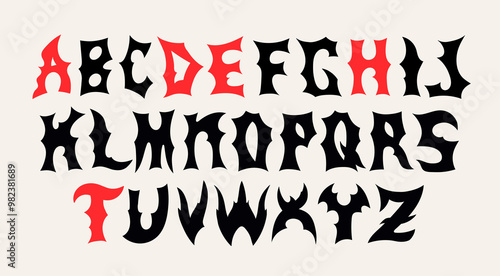 Black Metal, death, gothic, heavy metal, medieval font. Brutal style lettering. Scary, horror, halloween concept. Rock poster, tattoo template. Hand drawn Vector illustration. Every letter is isolated