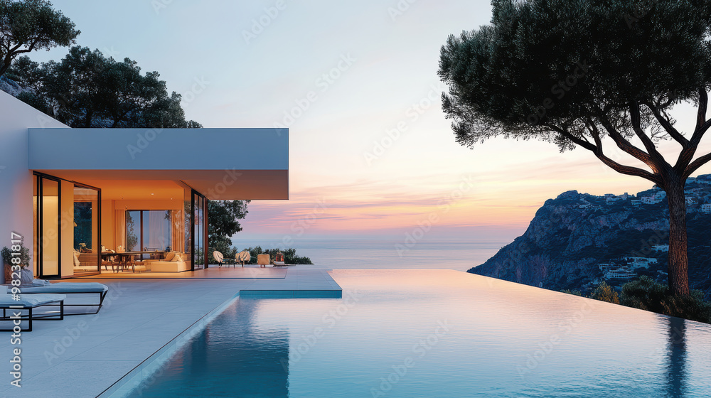 Fototapeta premium minimalist villa with sea in dawn . AI generative.
