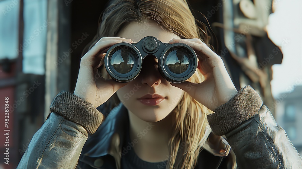 Frontal portrait of shocked young woman is a spy out the window with binoculars Frontal portrait of shocked young woman is a spy out the window with binoculars