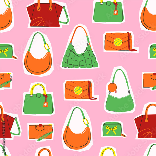Set of various colorful female bags. Womens handbag, cross body, tote, shopper, hobo, clutch, wallet, purse. Fashionable accessories. Hand drawn modern Vector illustration. Square seamless Pattern