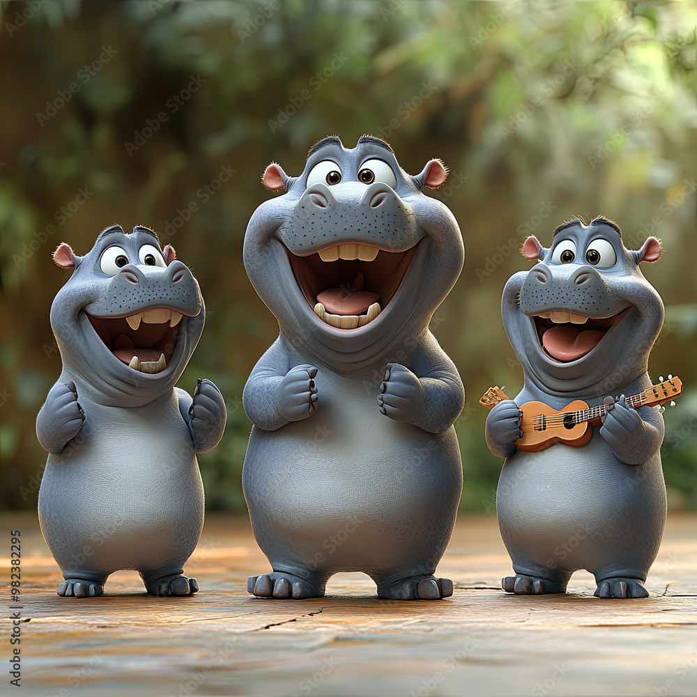Fototapeta premium Cartoon hippo character singing and playing music