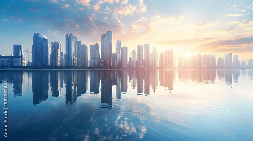 Fototapeta premium Stunning Coastal City with Tall Skyscrapers Reflecting in Calm Waters at Sunrise