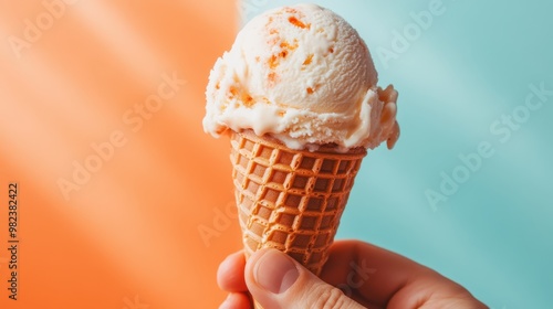 An ice cream cone with a scoop of white and orange ice cream held against a vibrant split-toned orange and blue background, exuding feelings of fun and summer warmth. photo