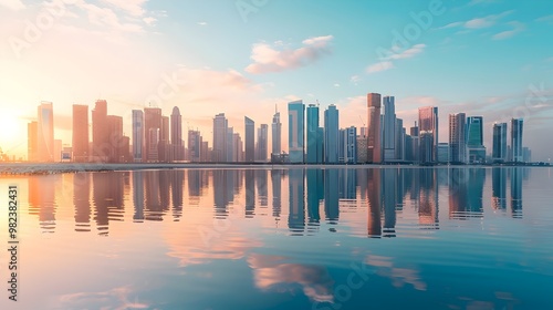 Serene Sunrise Over Coastal Metropolis with Towering Skyscrapers Reflected on Calm Water