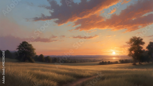 A sunset over a serene landscape with vibrant clouds and a path through fields