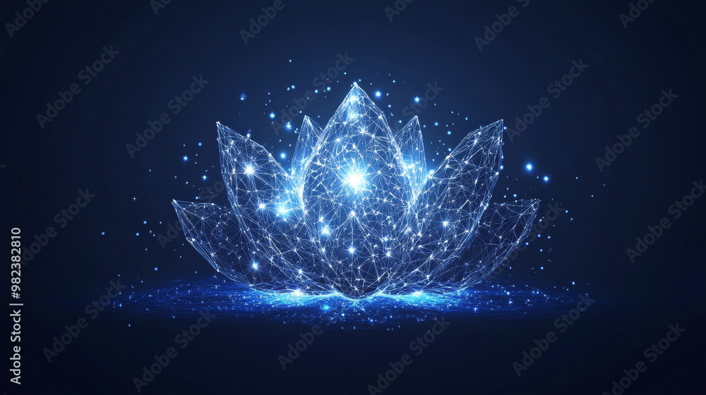 Glowing polygonal floating lotus flower with stars on dark blue. Spiritual yoga symbol in futuristic wireframe. Glowing polygonal floating lotus flower with stars on dark blue. Spiritual yoga symbol in futuristic wireframe.