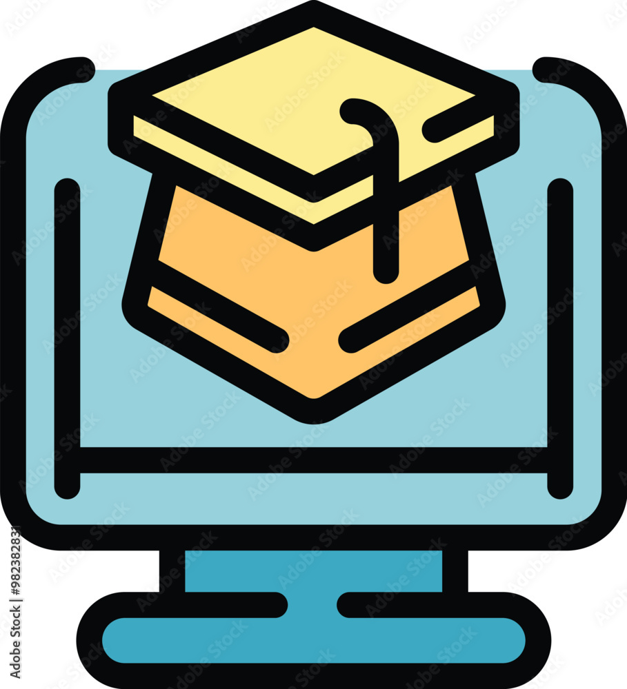 This color icon image represents the concept of online education with a graduation hat on a computer screen This color icon image represents the concept of online education with a graduation hat on a computer screen