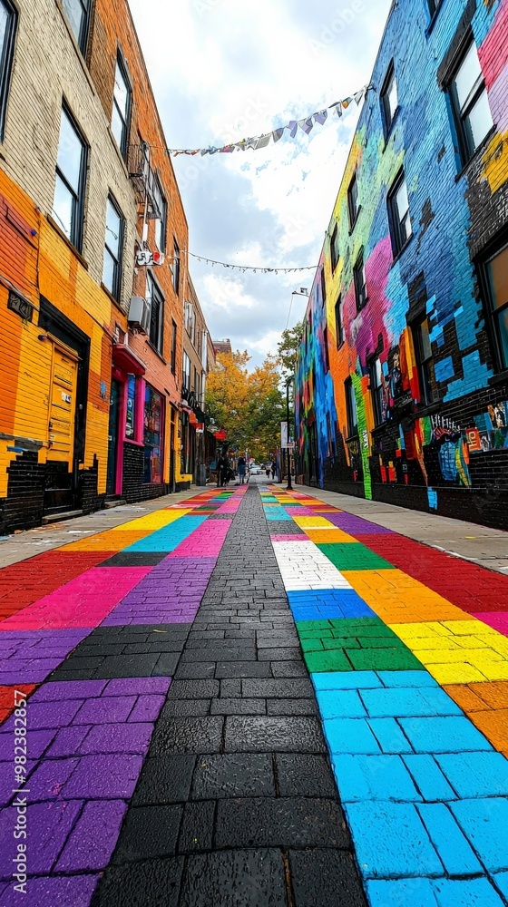 Fototapeta premium A vibrant LGBTQ neighborhood filled with inclusive businesses and colorful murals, representing the strength and visibility of the community