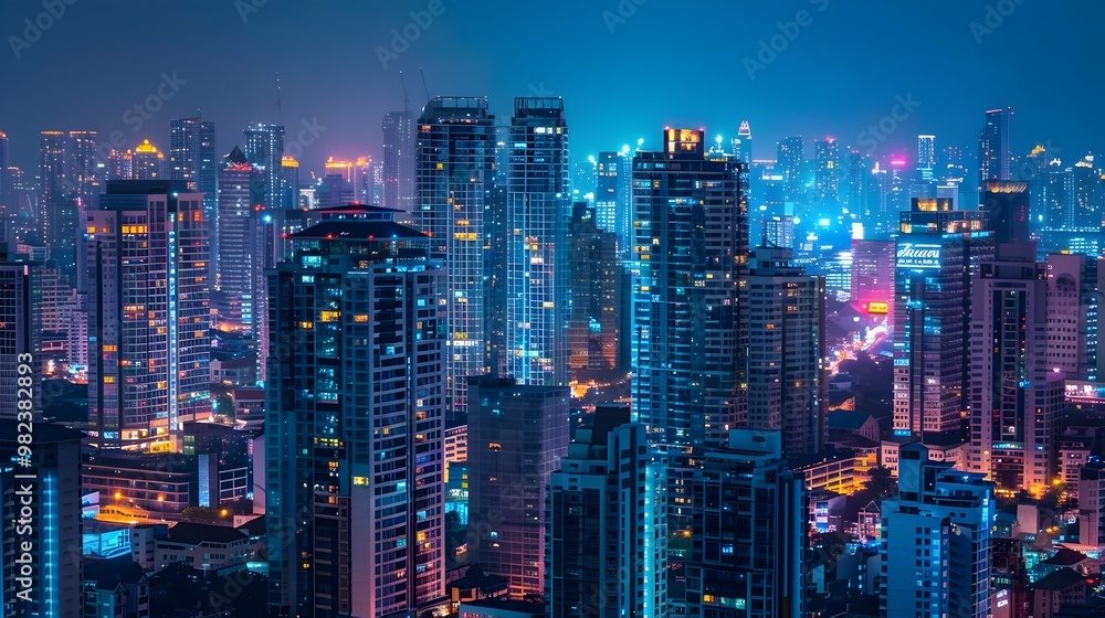 Fototapeta premium Vibrant Nighttime Cityscape with Colorfully Illuminated Skyscrapers and Towering Structures