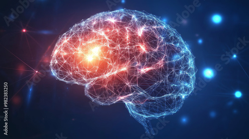 Glowing polygonal human brain with highlighted areas on dark blue background.  photo