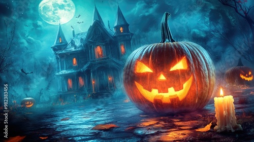 Halloween pumpkin with candlelight in front of a haunted house background,