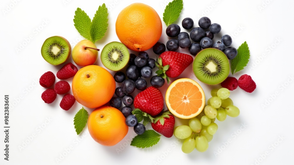 Flat lay composition with citrus fruits, leaves and flowers on white background. Neural network ai generated art