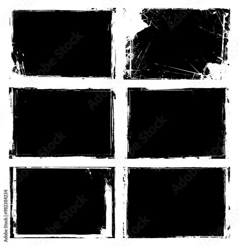 Set of grunge distressed overlay black rectangular frames with white edges, vector illustration.