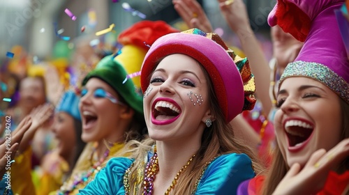 A group of women in colorful costumes and hats are laughing, AI