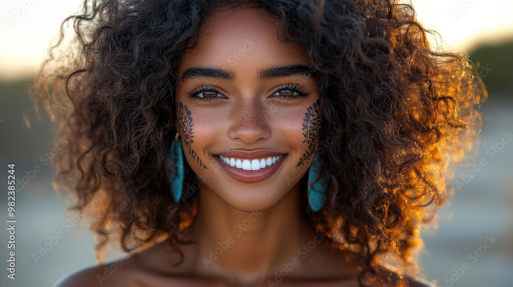 A young woman showcases her joyful expression while adorned with intricate face paint and bright earrings, illuminated by soft, warm sunlight A young woman showcases her joyful expression while adorned with intricate face paint and bright earrings, illuminated by soft, warm sunlight