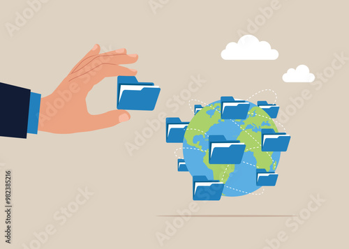 Businessman put new folder on world map across globe. Open files data  in folder. Organizing file and document in database. Flat vector illustration