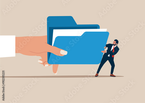 Big hand pulling file folder tug of war with small businessman. Fight for document, problem, pay off debt or bills. Modern vector illustration in flat style