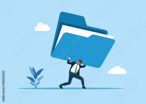 Businessman carrying huge file folder. Files data in folder. Organizing file and document in database. Solve business problem, professional to give solutions. Vector illustration