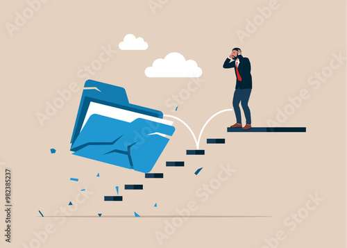 Broken folder. Depressed human near crushed files folder. After lost in confident, burnout or no inspiration. Files data  in folder. Organizing file and document in database. 