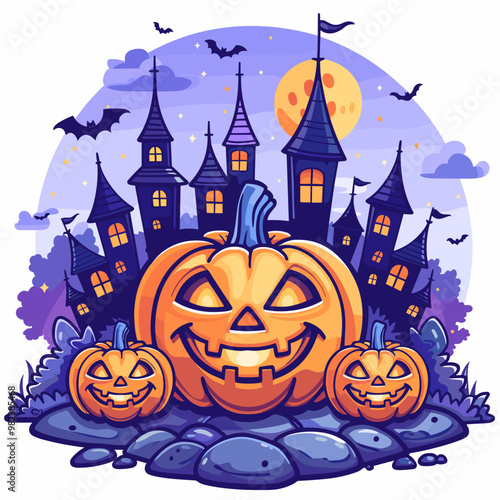 A autumn postcard design for Scary Halloween with Cute characters. Horror story Trick-or-treating. Colorful Vector illustration for flyer and social media post.