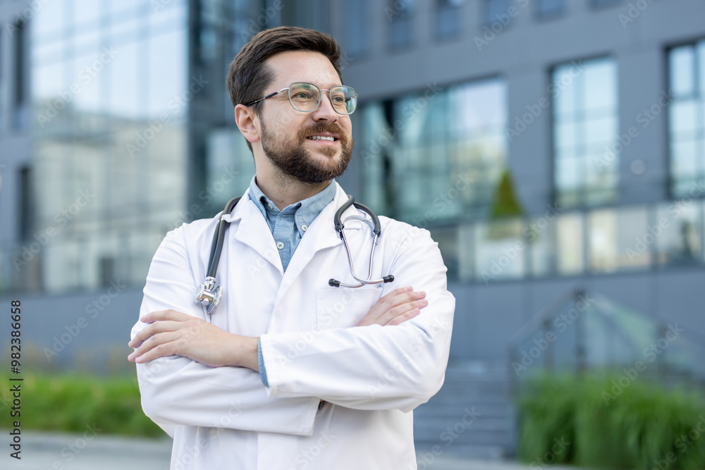 Close-up photo of a young smiling and successful male doctor and scientist standing proudly outside a medical building with his arms crossed on his chest and looking to the side Close-up photo of a young smiling and successful male doctor and scientist standing proudly outside a medical building with his arms crossed on his chest and looking to the side