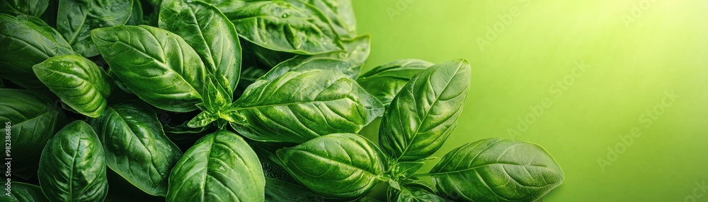 Fototapeta premium Fresh basil leaves on a green background, perfect for culinary uses, herbal remedies, and vibrant food presentations.