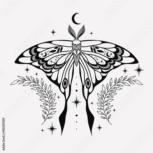 Mystic moth vector illustration. Magic moon, occult, print, poster, tattoo.