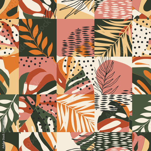 Seamless tropic pattern with abstract geometric leaves. Modern design for paper, cover, fabric, interior decor and other users.