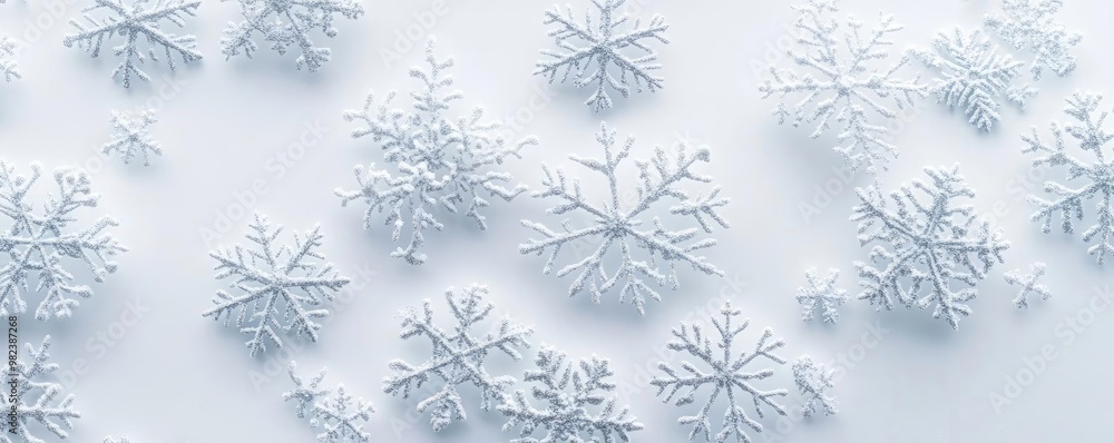 Delicate snowflakes scattered on a white surface, showcasing their intricate designs and natural beauty in winter. Delicate snowflakes scattered on a white surface, showcasing their intricate designs and natural beauty in winter.