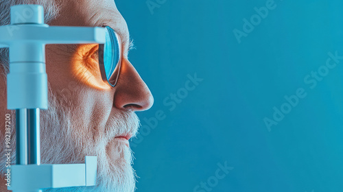 Senior man undergoing vision test during health checkup, elderly healthcare photo