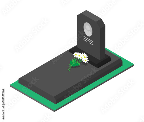 Isometric Halloween cemetery tombstone with photo and date of life of deceased. 3D vector isolated on white background