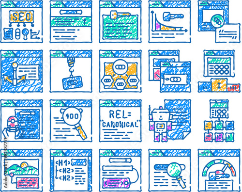 seo optimize search rank doodle icons set vector. sketch line art report marketing, optimization internet, dashboard digital, market, analysis, engine seo optimize search rank color illustrations