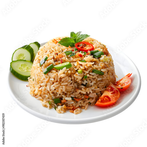 Delicious fried rice topped with crisp veggies and flavorful herbs, elegantly served on a clean white dish, ideal for food and cooking concepts