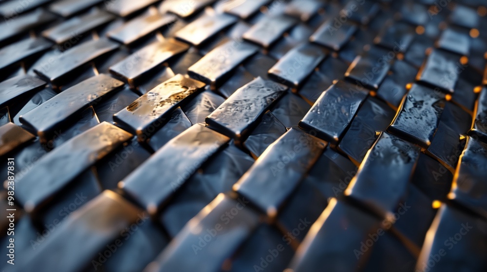 Close-Up Photograph of Textured Dark Blue Metal Tiles with Golden Highlights; Abstract Industrial Pattern Close-Up Photograph of Textured Dark Blue Metal Tiles with Golden Highlights; Abstract Industrial Pattern