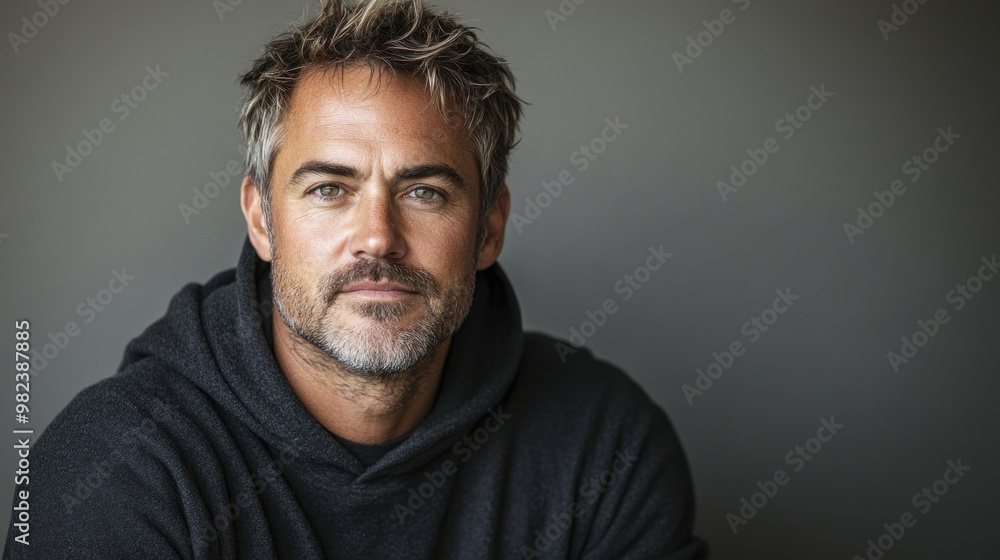 A casually dressed man exudes confidence while sitting in a neutral-toned background, showcasing his stylish beard and warm demeanor A casually dressed man exudes confidence while sitting in a neutral-toned background, showcasing his stylish beard and warm demeanor