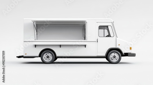 A realistic white food truck parked against a clean white background, ideal for branding and design mockups with space for customization.