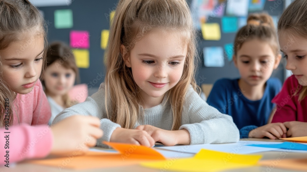 A group of young girls sitting at a table making paper crafts, AI A group of young girls sitting at a table making paper crafts, AI
