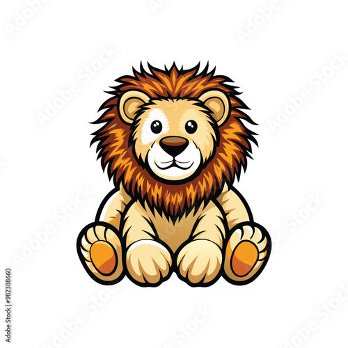 A realistic stuffed lion doll with a shaggy mane, sitting on a white background.